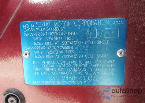 2006 Suzuki Grand Vitara Premium from USA, damaged, VIN JS3TE943864100227